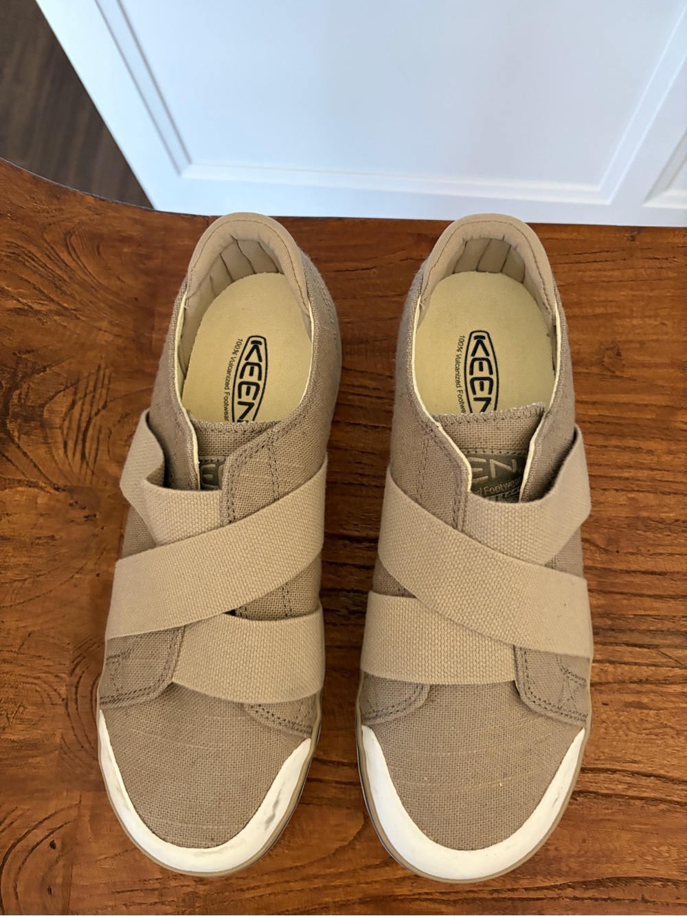 Keen Tan Canvas Slip-Ons with Crisscross Elastic Straps